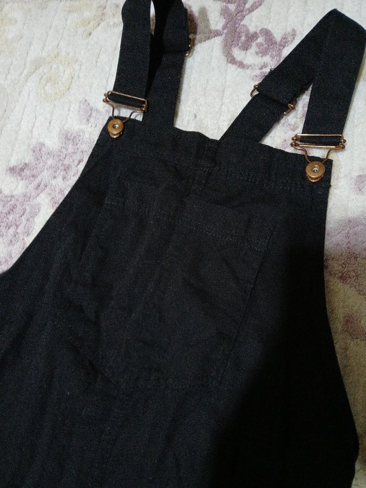 Kadın Siyah Keten Mini Salopet - Görsel 2