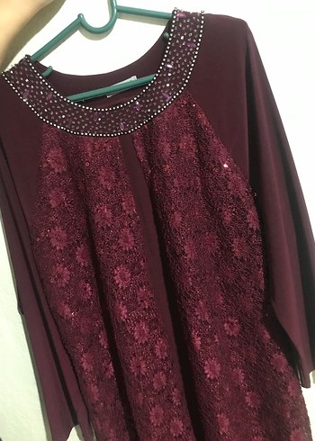 Bordo Dantel Detaylı Taş İşlemeli Tesettür Abiye - Görsel 8