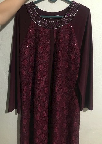 Bordo Dantel Detaylı Taş İşlemeli Tesettür Abiye - Görsel 2