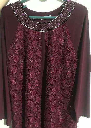 Bordo Dantel Detaylı Taş İşlemeli Tesettür Abiye - Görsel 6