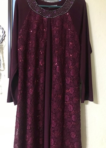 Bordo Dantel Detaylı Taş İşlemeli Tesettür Abiye - Görsel 11