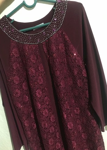 Bordo Dantel Detaylı Taş İşlemeli Tesettür Abiye - Görsel 9