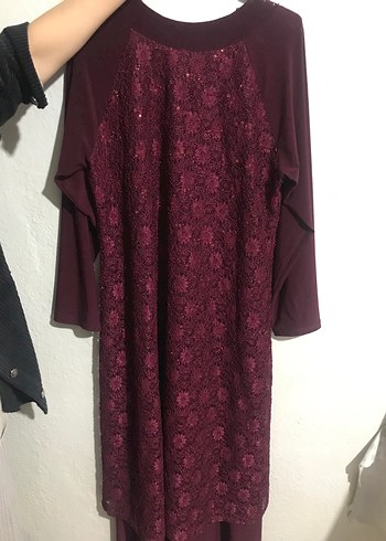 Bordo Dantel Detaylı Taş İşlemeli Tesettür Abiye - Görsel 7