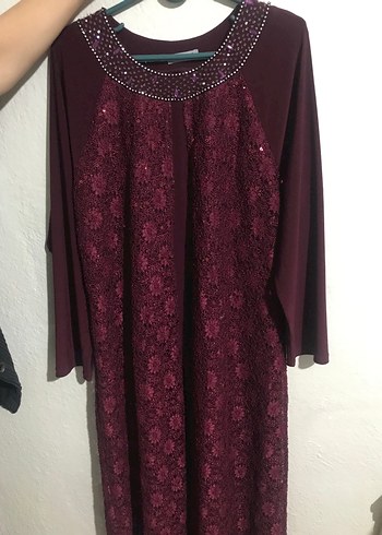 Bordo Dantel Detaylı Taş İşlemeli Tesettür Abiye - Görsel 10