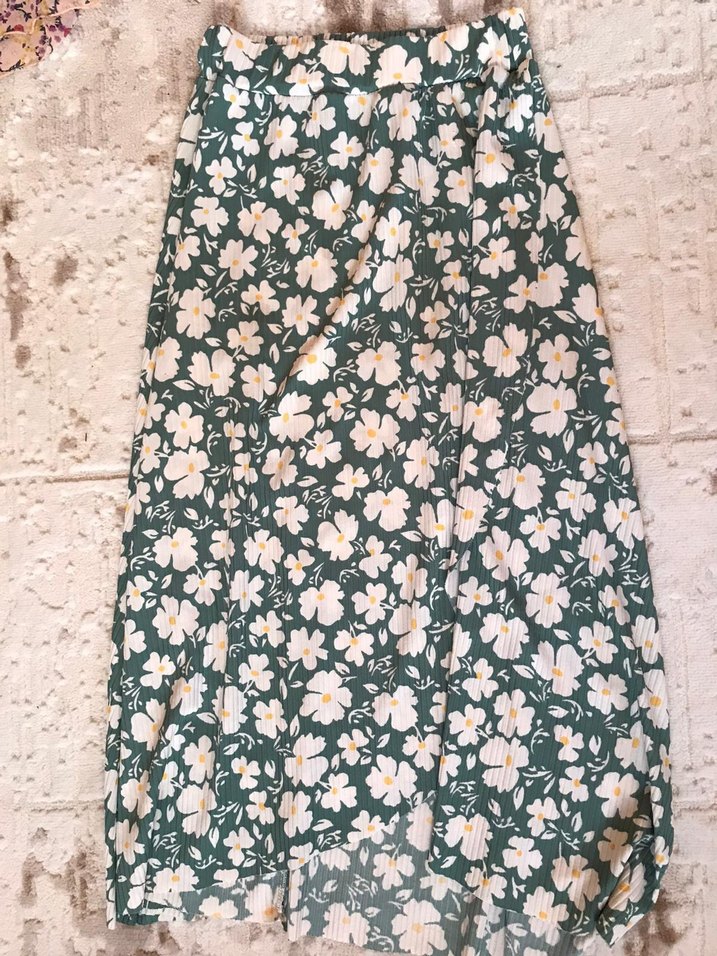 Yeşil Beyaz Çiçekli Beli Lastikli Rahat Etek - Görsel 3