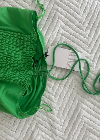 Yeşil Mini Keten Straplez Fitted Üst - Görsel 5