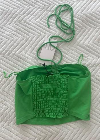 Yeşil Mini Keten Straplez Fitted Üst - Görsel 3