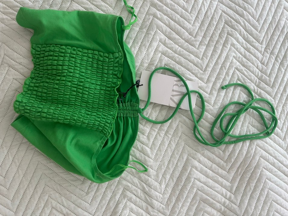 Yeşil Mini Keten Straplez Fitted Üst - Görsel 5