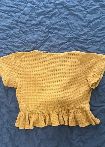 Hardal sarısı Kısa Kollu Fırfırlı Keten Bluz - Görsel 3