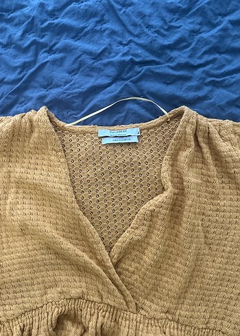 Hardal sarısı Kısa Kollu Fırfırlı Keten Bluz - Görsel 2