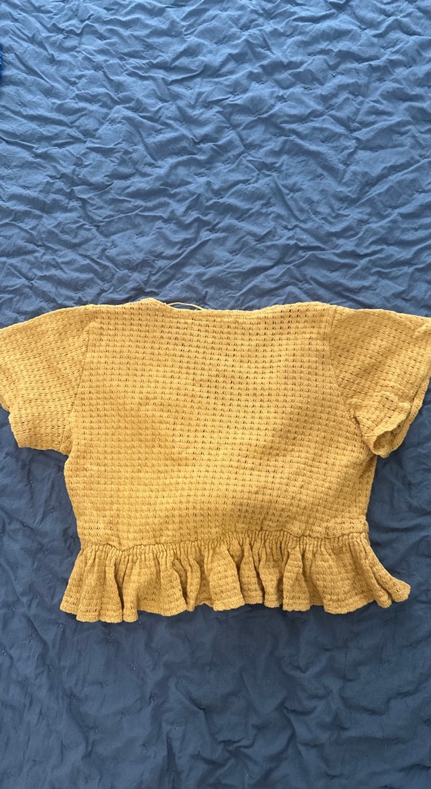 Hardal sarısı Kısa Kollu Fırfırlı Keten Bluz - Görsel 3