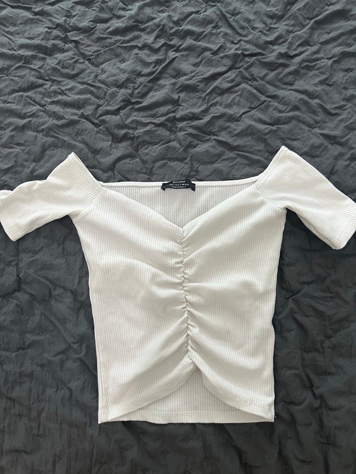 Beyaz Kayık Yaka Kısa Kollu Kadın Tişört - Görsel 3