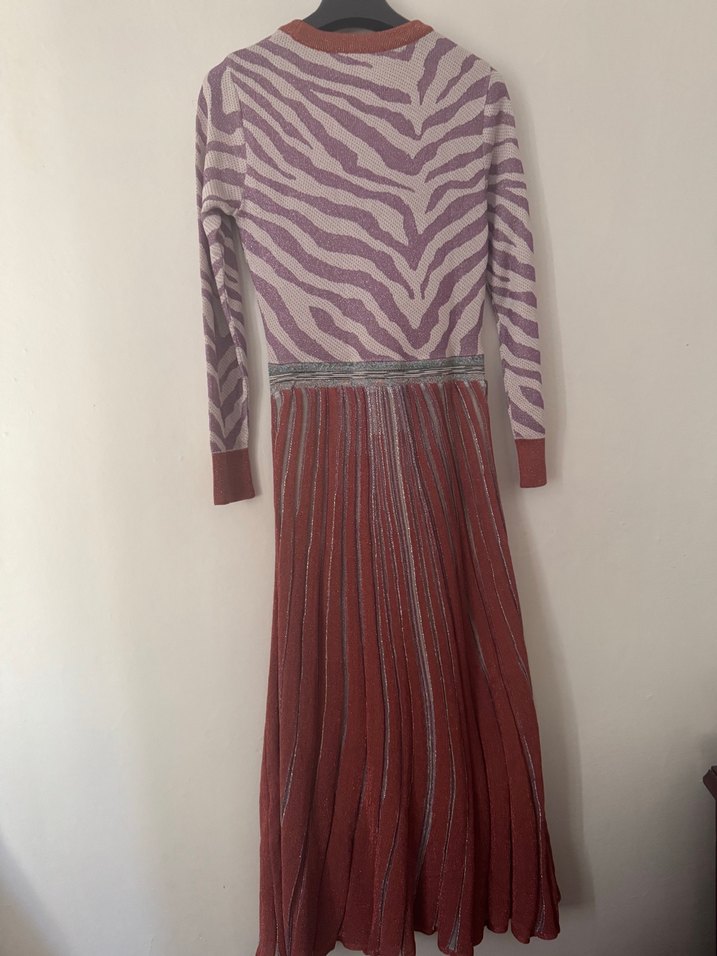 Uzun Kollu Zebra Desenli Pliseli Uzun Elbise - Görsel 5