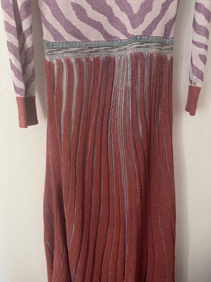 Uzun Kollu Zebra Desenli Pliseli Uzun Elbise - Görsel 2