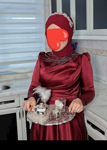 Bordo Drapeli Uzun Kollu Tesettür Abiye 38-40