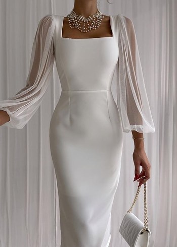 Beyaz Drapeli Uzun Kollu Kalem Elbise-Moda Çelikler