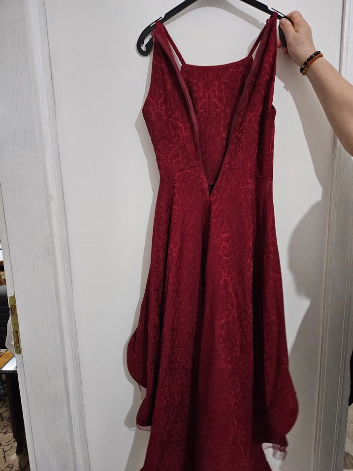 Bordo V Yaka Midi Drapeli Kadın Abiye Elbise - Görsel 3