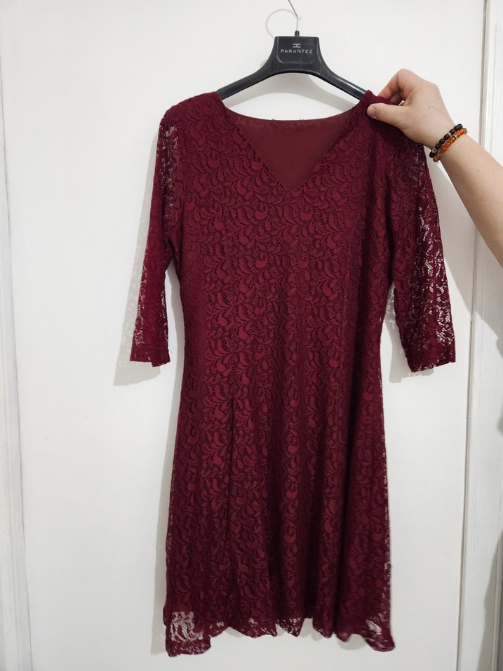 Lacivert V Yakalı Dantel Detaylı Midi Elbise - Görsel 3