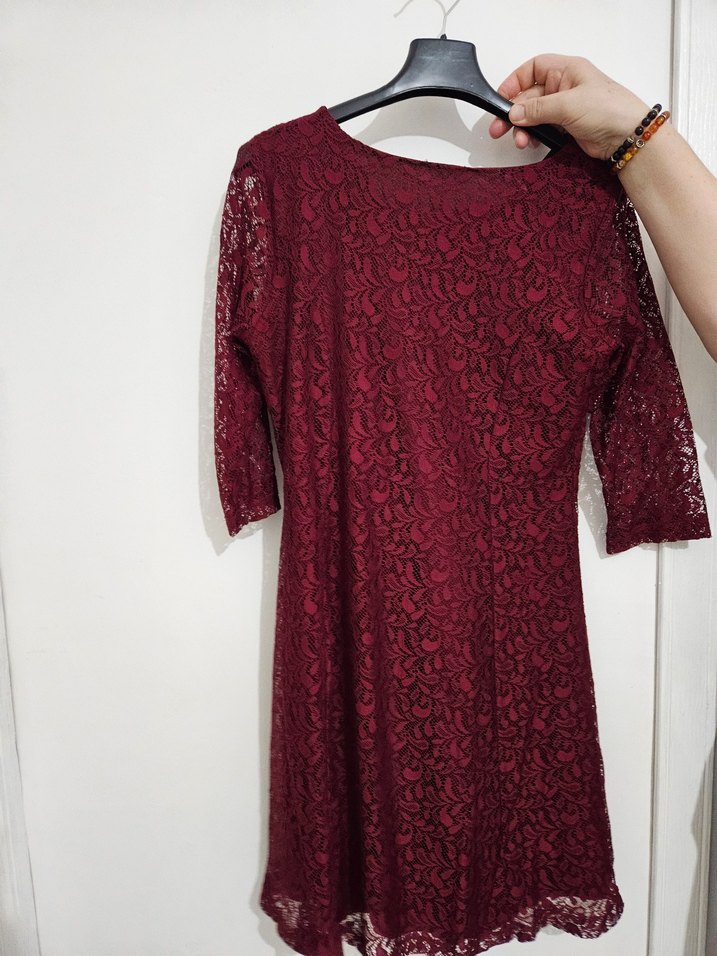 Lacivert V Yakalı Dantel Detaylı Midi Elbise - Görsel 4