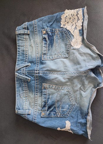 Diğer Kadın Mavi Dantelli Mini Denim Şort