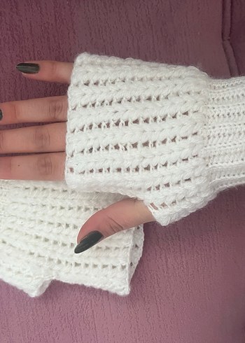 Beyaz Örgü Kadın Eldiven - Görsel 2