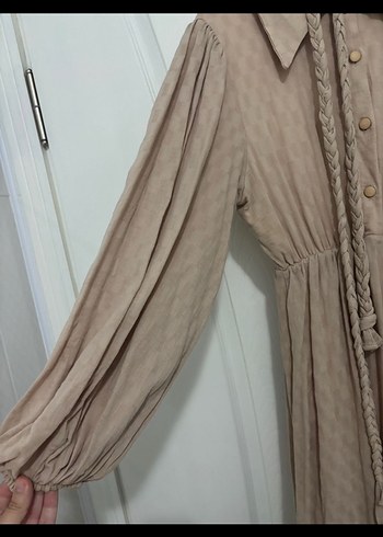 Bej Uzun Kollu Düğmeli Keten Elbise - Görsel 2