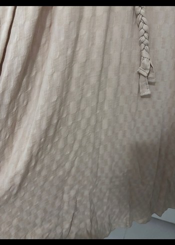 Bej Uzun Kollu Düğmeli Keten Elbise - Görsel 4