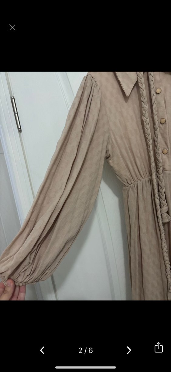 Bej Uzun Kollu Düğmeli Keten Elbise - Görsel 2