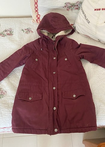 xs Beden Bordo Kapüşonlu Düğmeli Kadın Kaban Palto Mont