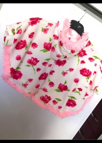 Çiçek Desenli Kız Çocuk Ponçosu, Düğmeli, Pembe #pelus #panco - Görsel 3