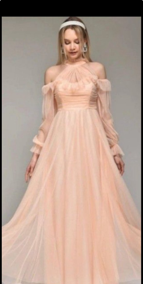 Pudra Pembe Fırfırlı Uzun Elbise - Görsel 4