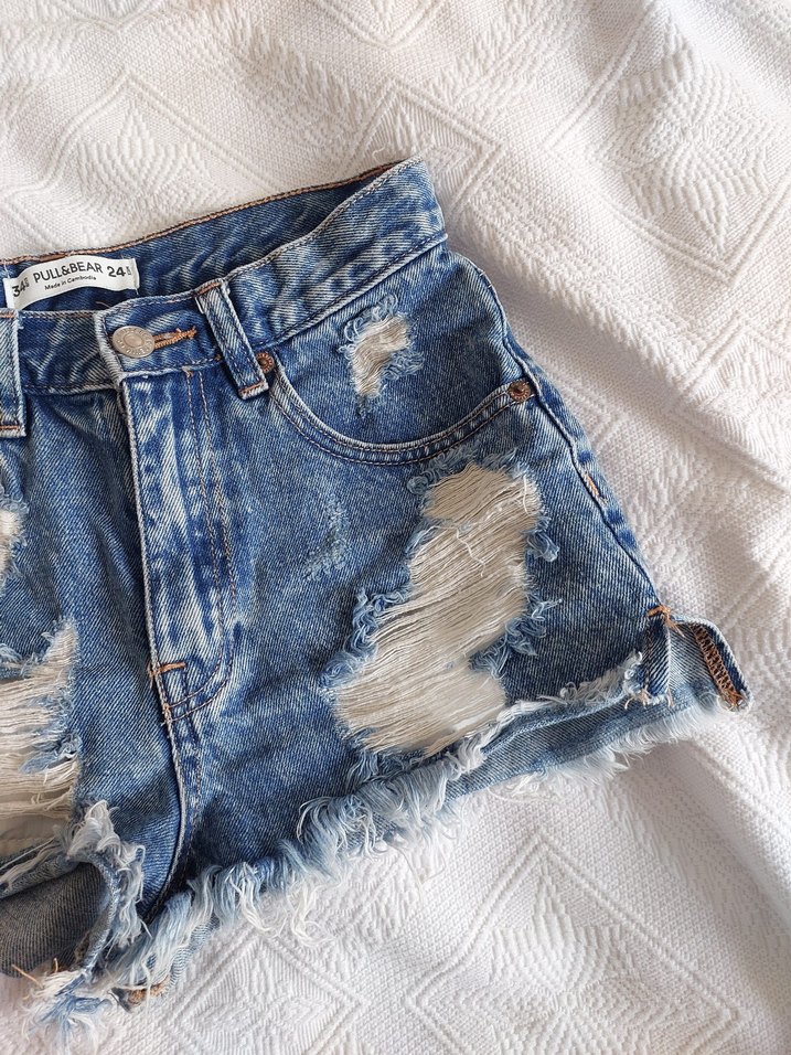 Kadın Mavi Yırtık Kot Şort Mini Boy - Görsel 4