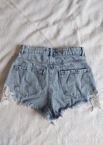 Dantel Detaylı Bohem Mavi Mini Kot Şort - Görsel 5