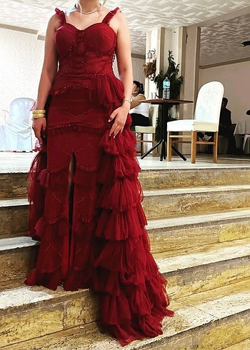 Kırmızı Fırfırlı Uzun Abiye Kına Elbise - Görsel 2