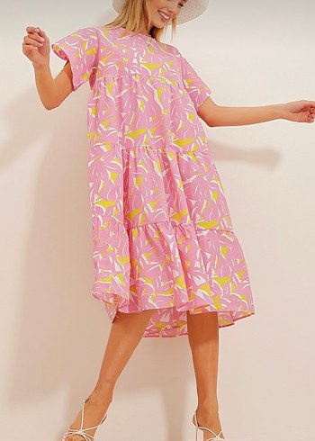 Pembe Midi Volanlı Elbise - Görsel 3