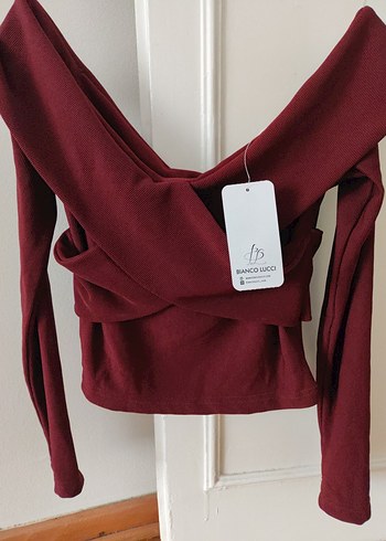 Bordo Drapeli V Yaka Uzun Kollu Mini Bluz - Görsel 2