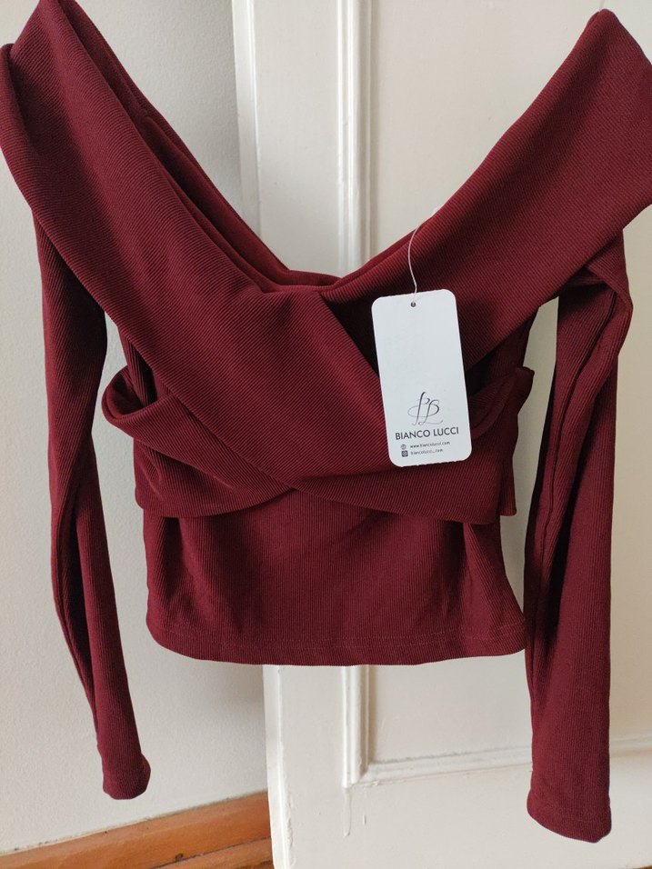 Bordo Drapeli V Yaka Uzun Kollu Mini Bluz - Görsel 2