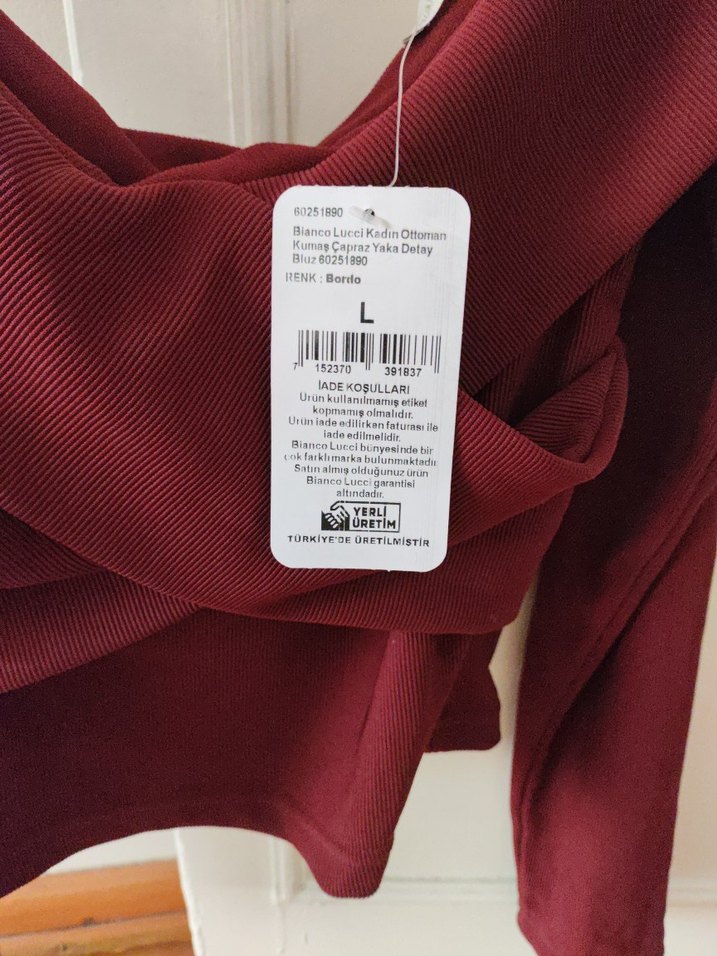 Bordo Drapeli V Yaka Uzun Kollu Mini Bluz - Görsel 4