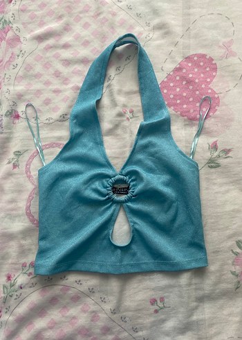 mavi simli boyundan geçirmeli crop top
