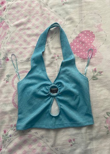 xs Beden mavi simli boyundan geçirmeli crop top