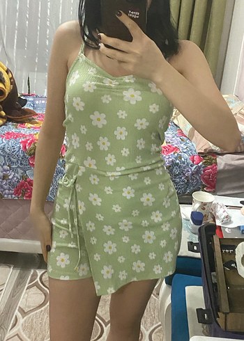 papatya desenli Yeşil Tulum - Görsel 5