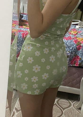 papatya desenli Yeşil Tulum - Görsel 6