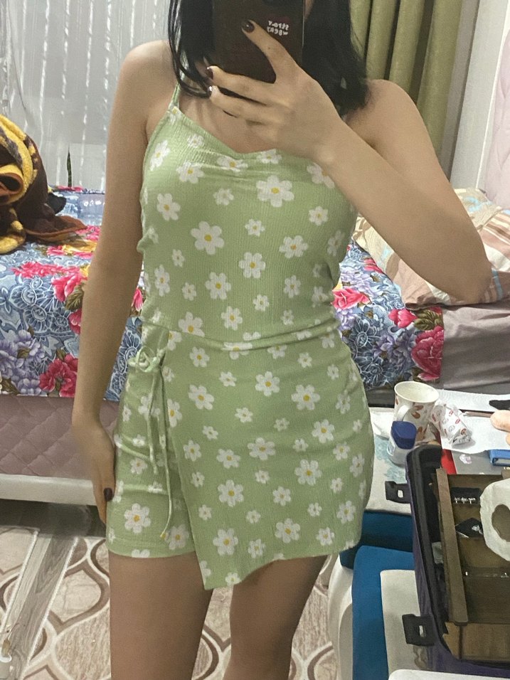 papatya desenli Yeşil Tulum - Görsel 5