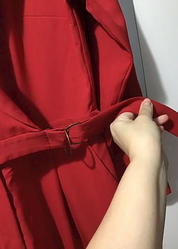 Kemerli Kırmızı Uzun Kollu Kadın Tulum - Görsel 5