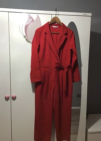 Kemerli Kırmızı Uzun Kollu Kadın Tulum - Görsel 2