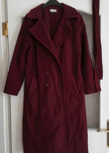 Bordo Uzun Düğmeli kaşe Kaban - Görsel 2