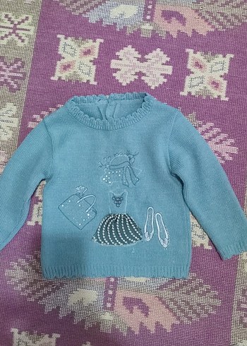 Nakışlı Mavi Kız Triko Kazak