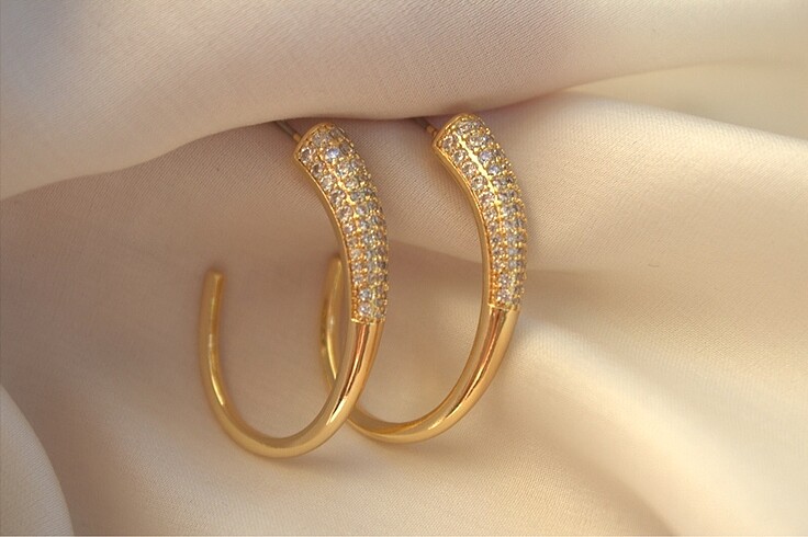 Zirkon Taş Kaplı Gold Halka Küpe