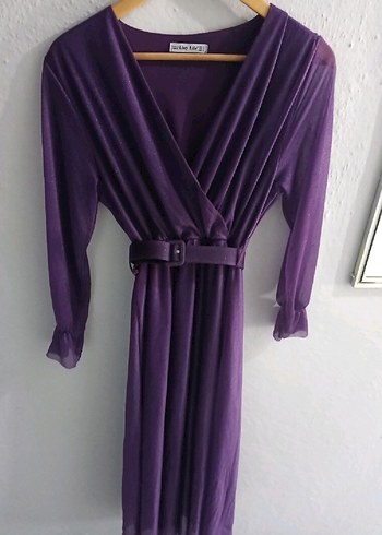Mor Uzun Kollu V Yaka Simli Kemerli Kadın Elbise - Görsel 2