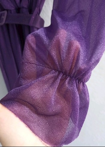 Mor Uzun Kollu V Yaka Simli Kemerli Kadın Elbise - Görsel 6